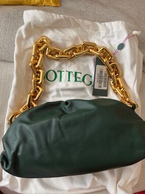 Bottega Veneta Forest Green Leather Clutch with Gold Chain